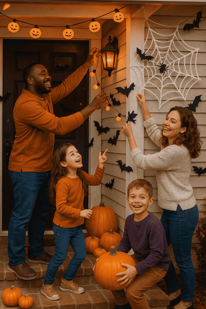 Family decorating their porch for Halloween