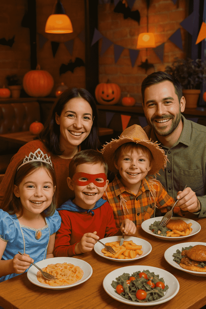 Family out to eat on Halloween, three children dressed up in their costumes, with their mom and dad