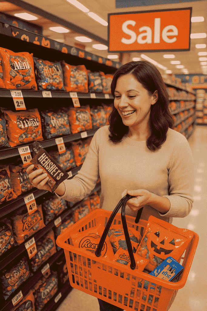 A cheerful happy mom shopping for Halloween candy at the store