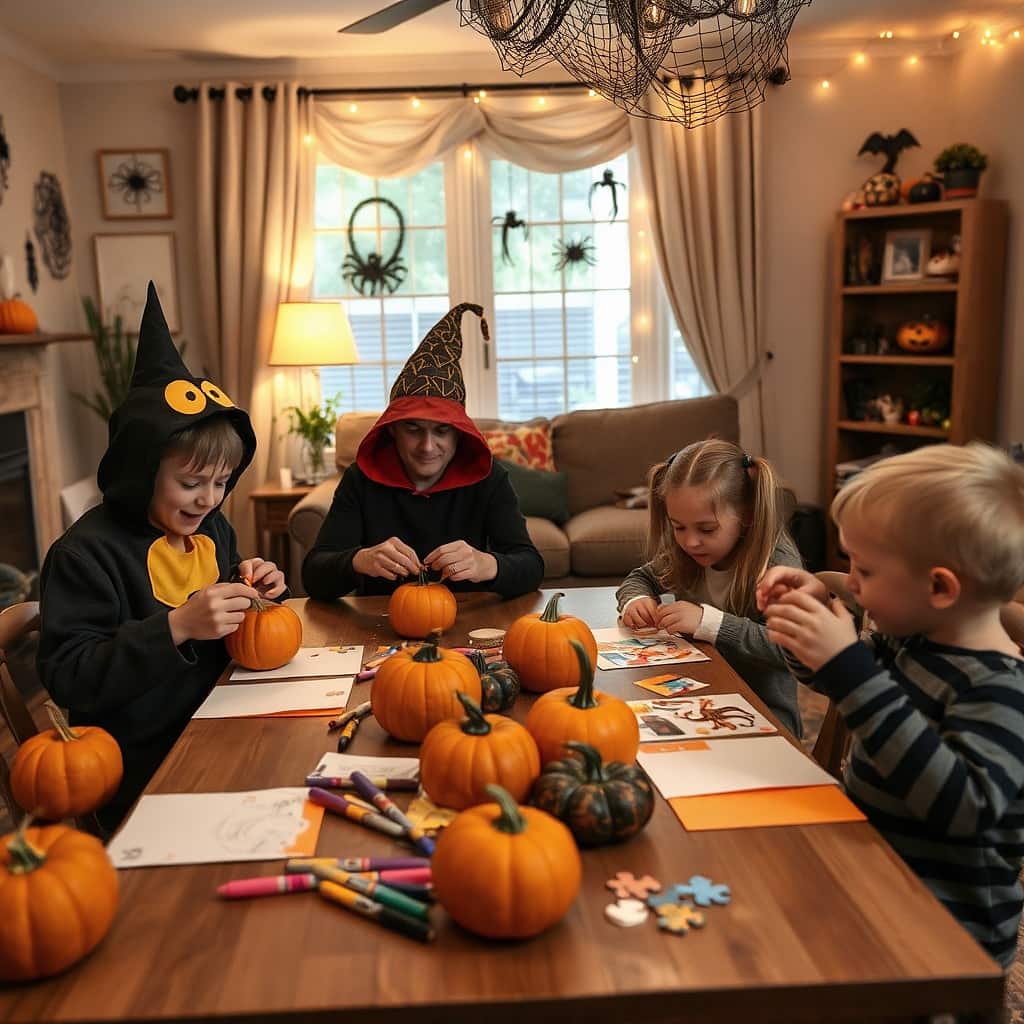 dad with three kids work on halloween crafts