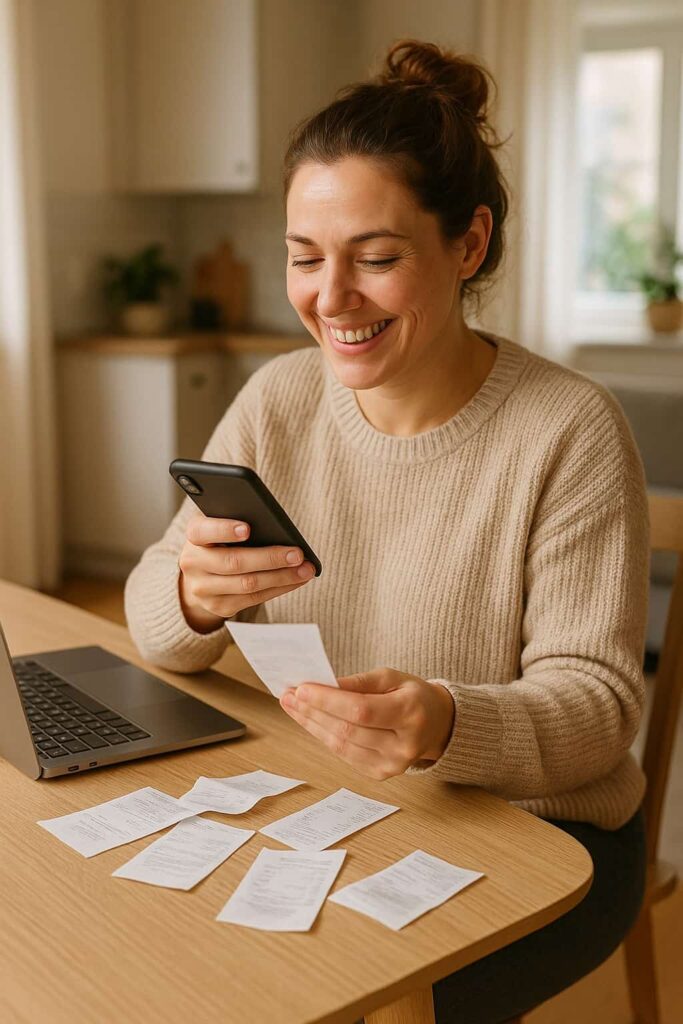 mom sitting at a table scanning receipts and smiling 