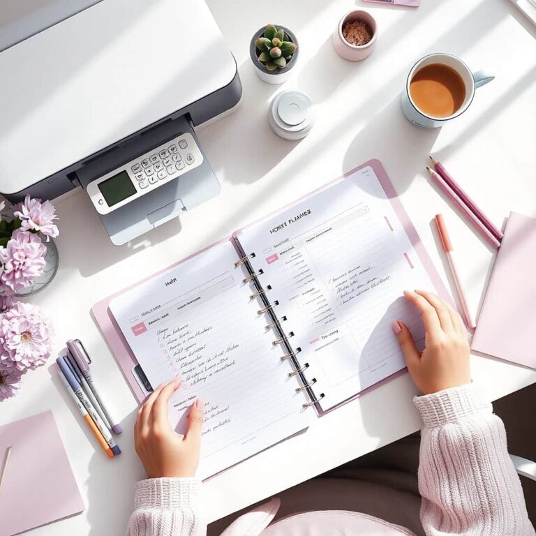 mom putting together a printable planner